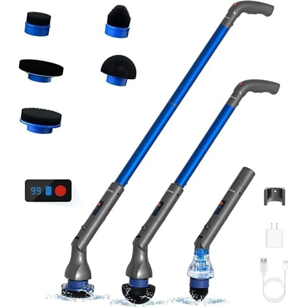 Cordless Electric Spin Scrubber LED Display 5 Brush Heads Extendable Handle